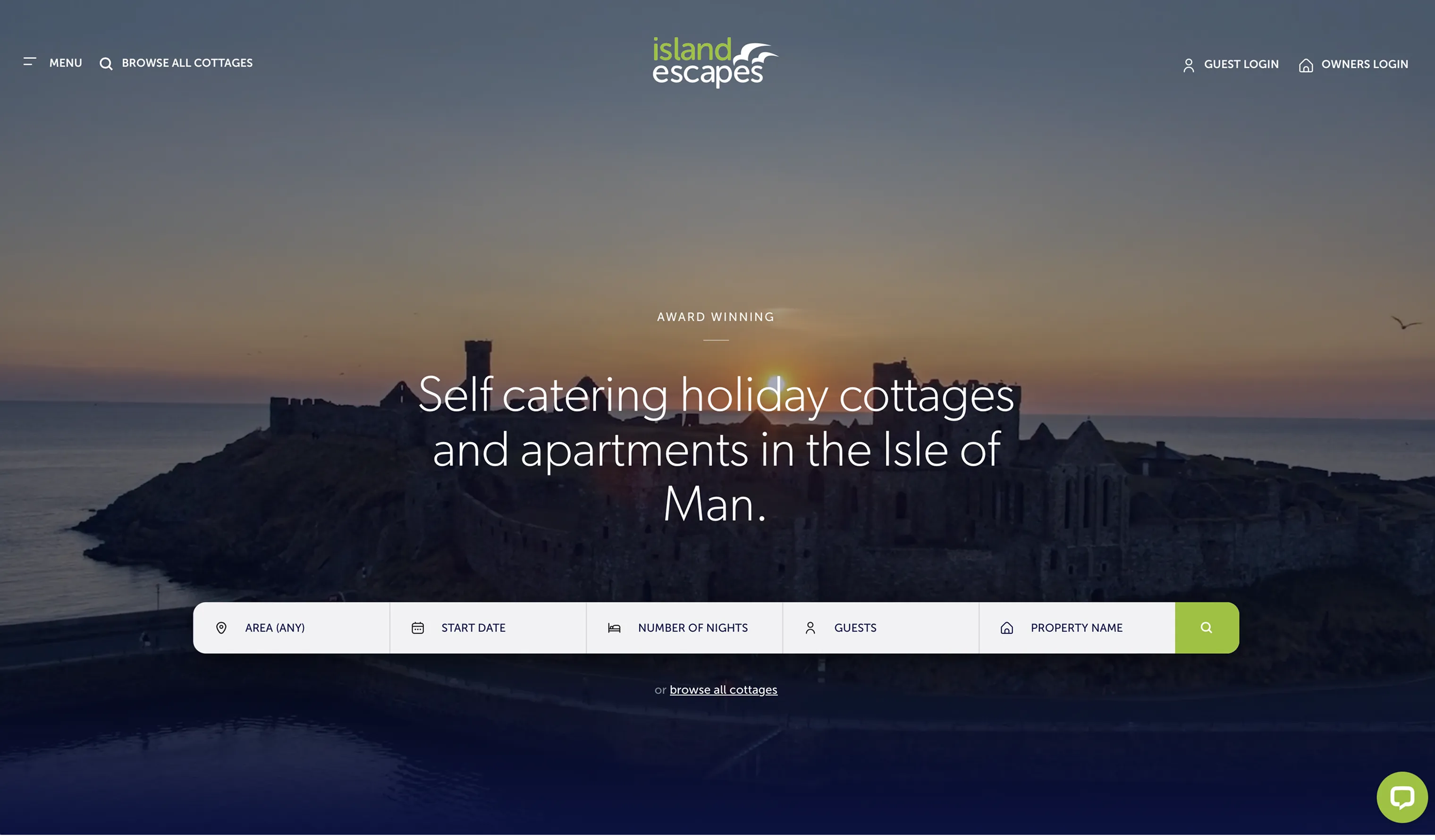  Island Escapes website homepage designed by DotPerformance, showing the property search tool overlaid on a sunset view of Peel Castle on the Isle of Man